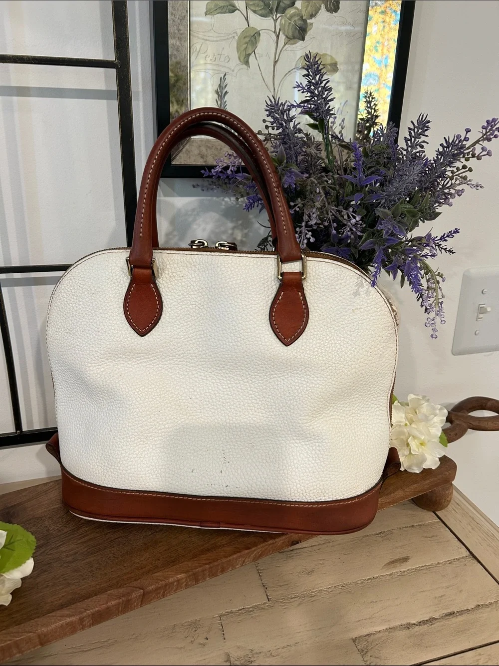 Dooney & Bourke White Pebble Leather Satchel with Brown Trim and Handles
